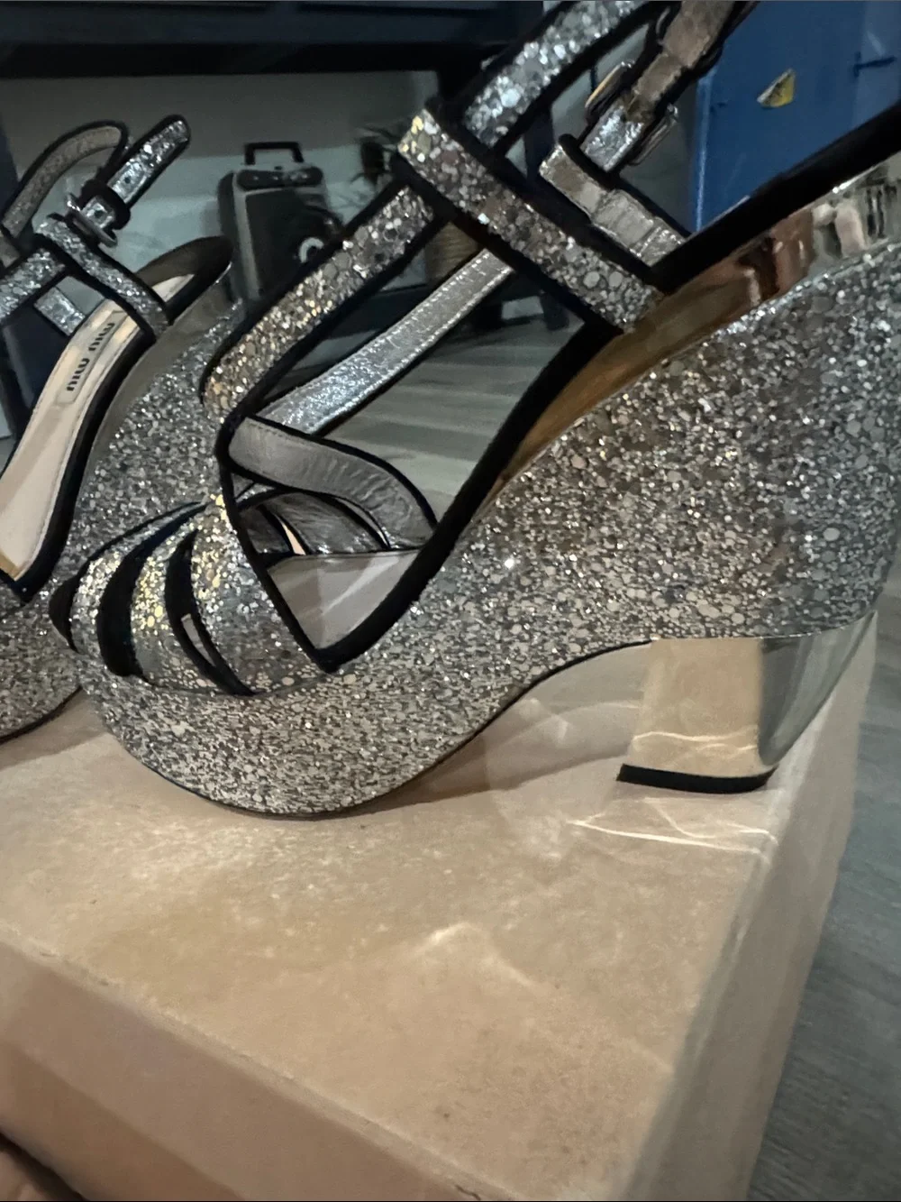 Miu Miu Silver Glitter Platform Slingback Sandals